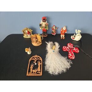 Vintage Mixed lot of 10 Christmas Ornaments Decor Angels Santa Nativity Nutcrack